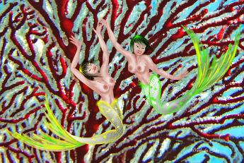 Mermaid Forest Mermaids with a red sea fan.